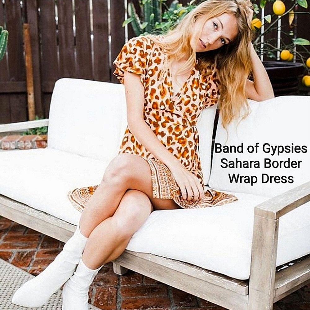 BOG Sahara Border Mini Wrap Dress Animal Print Multi Tan Leopard Print Dress S